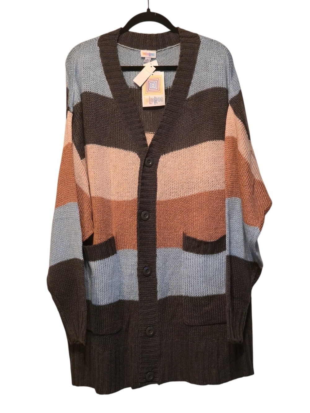 LuLaRoe Striped Button-Front Cardigan in Brown, Blue, and Pink